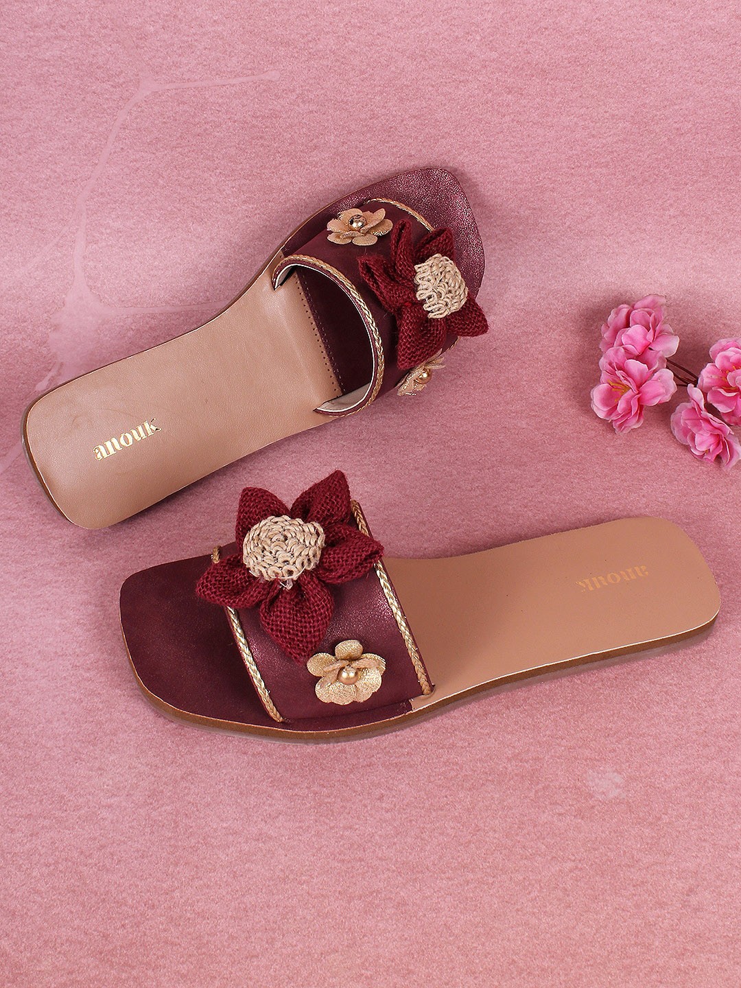 

Anouk Maroon & Gold-Toned Embellished Open Toe Flats