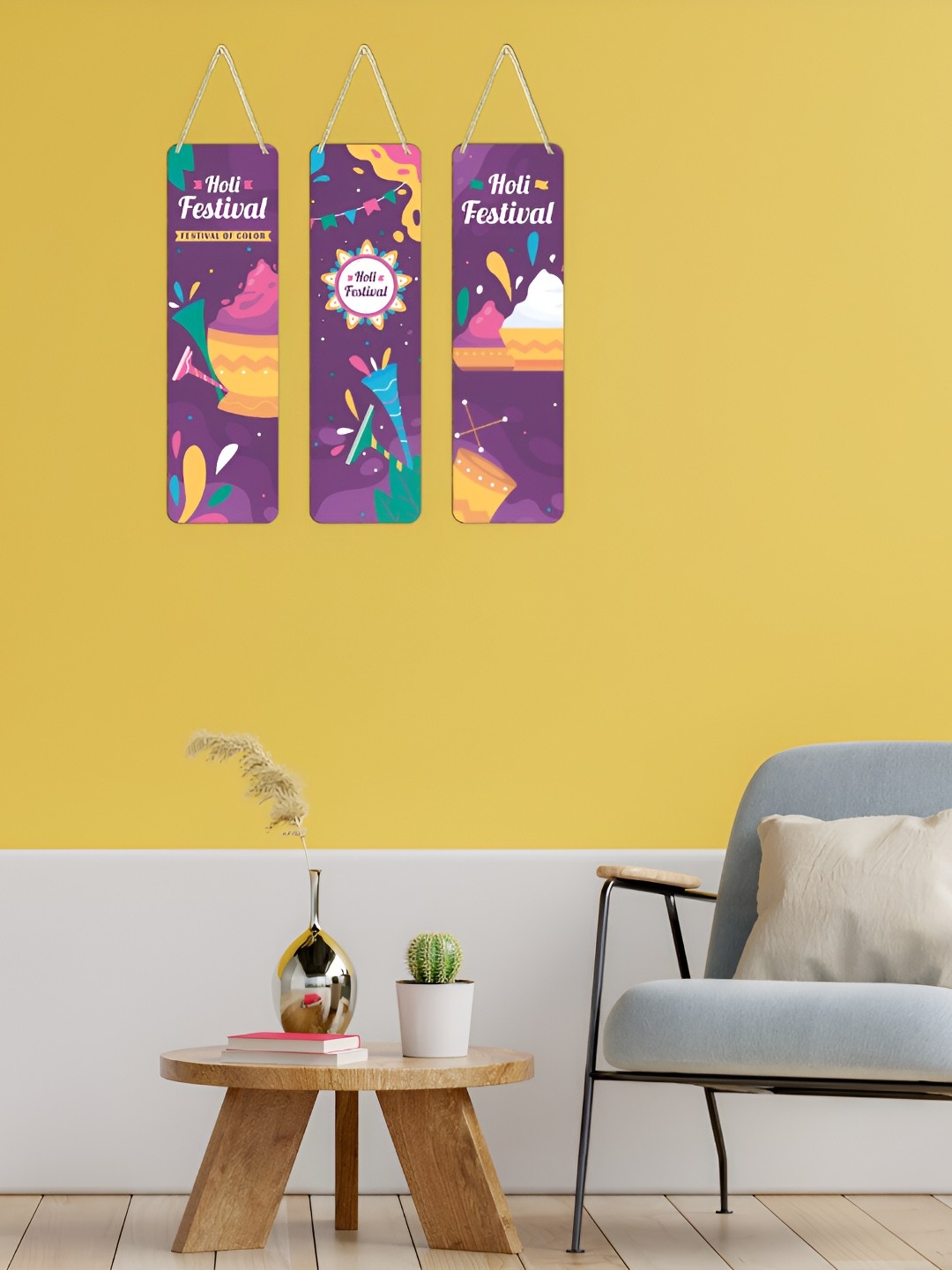 

CVANU Purple & Yellow 3 Pieces Holi Festival Printed Wooden Hanging Wall Decor