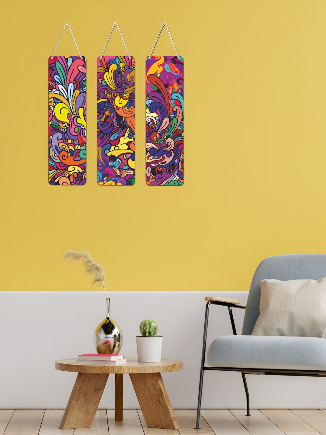 

CVANU Purple & Yellow 3 Pieces Floral Printed Wooden Hanging Wall Decor
