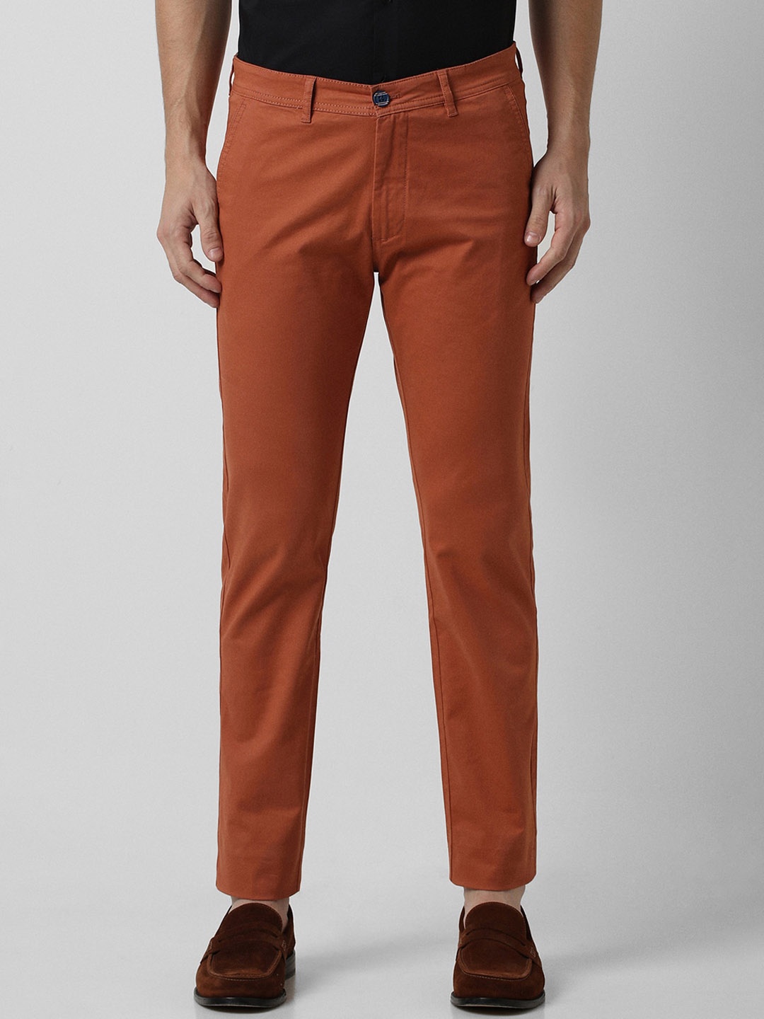 

Peter England Casuals Men Mid-Rise Slim Fit Trousers, Orange