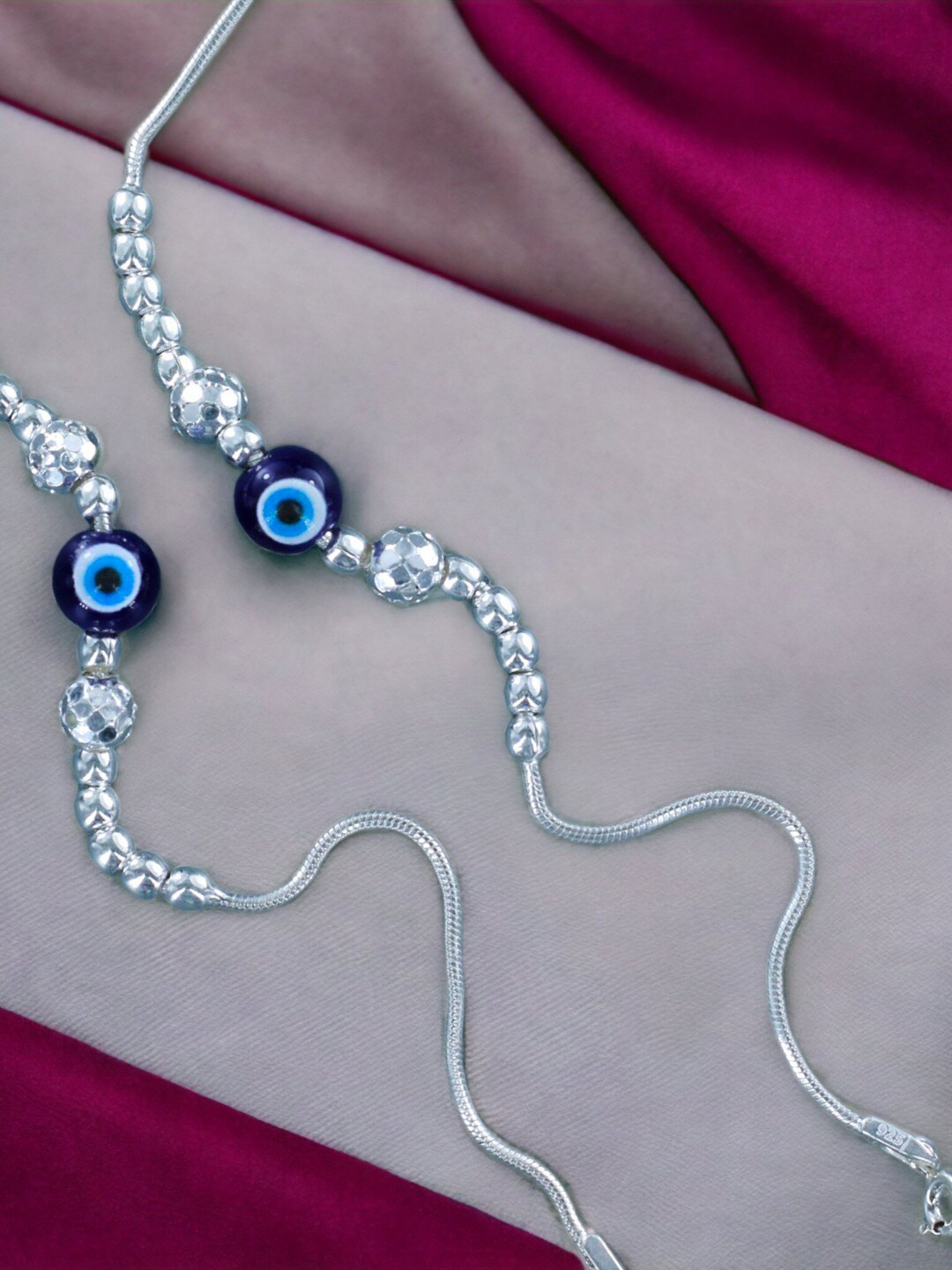

Taraash Girls Set Of 2 925 Sterling Silver Beaded Evil Eye Anklets