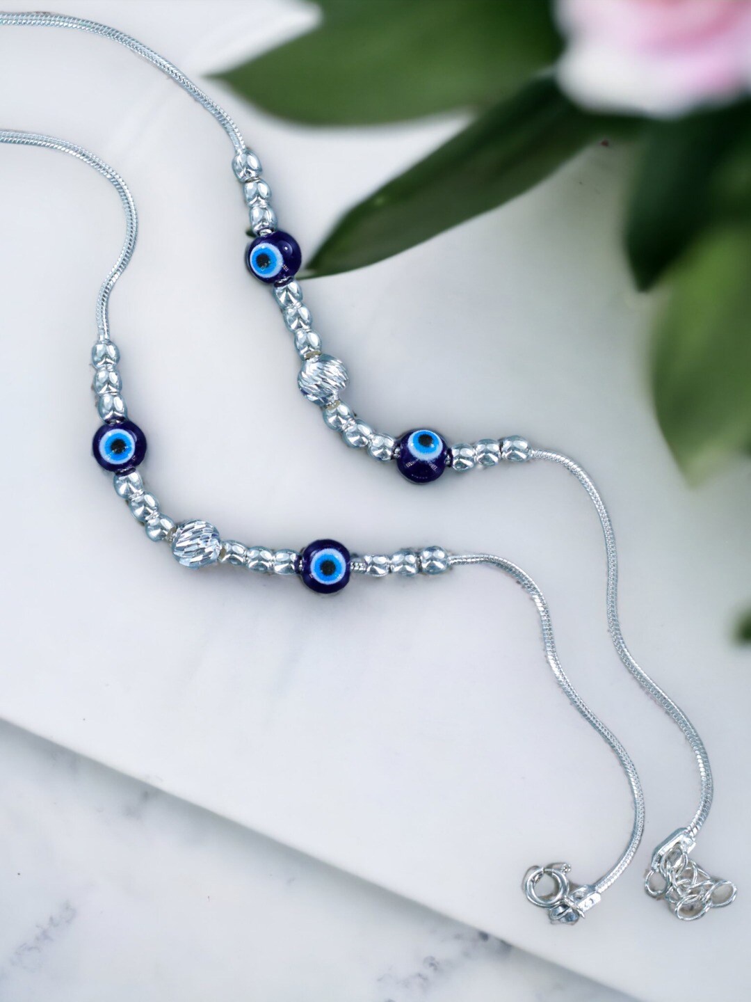

Taraash Girls Set Of 2 925 Sterling Silver Beaded Evil Eye Anklets