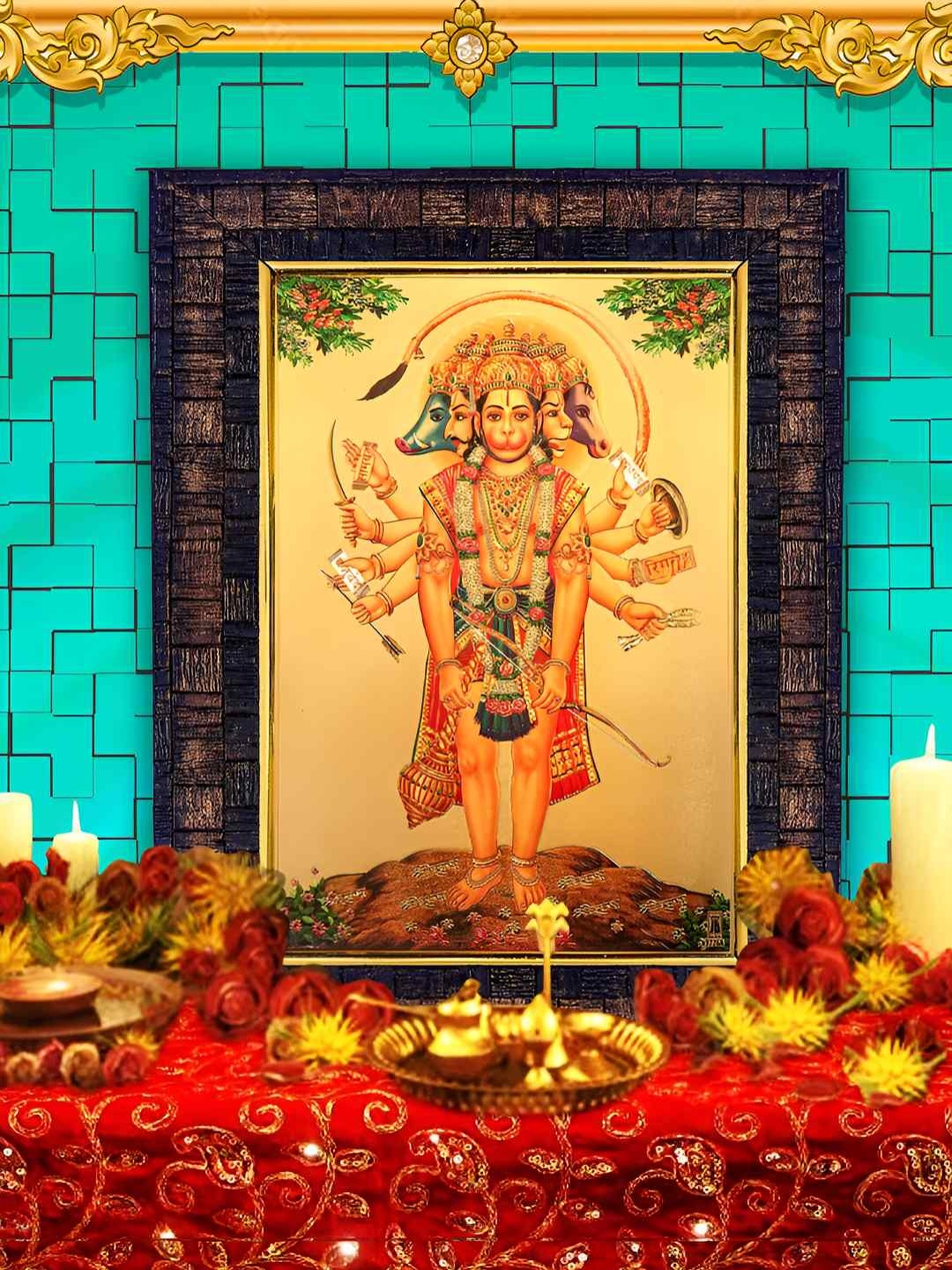 

Hawai Black 24k Gold Plated Panchmukhi Hanuman Foil Embossed Wooden Wall Photo Frame