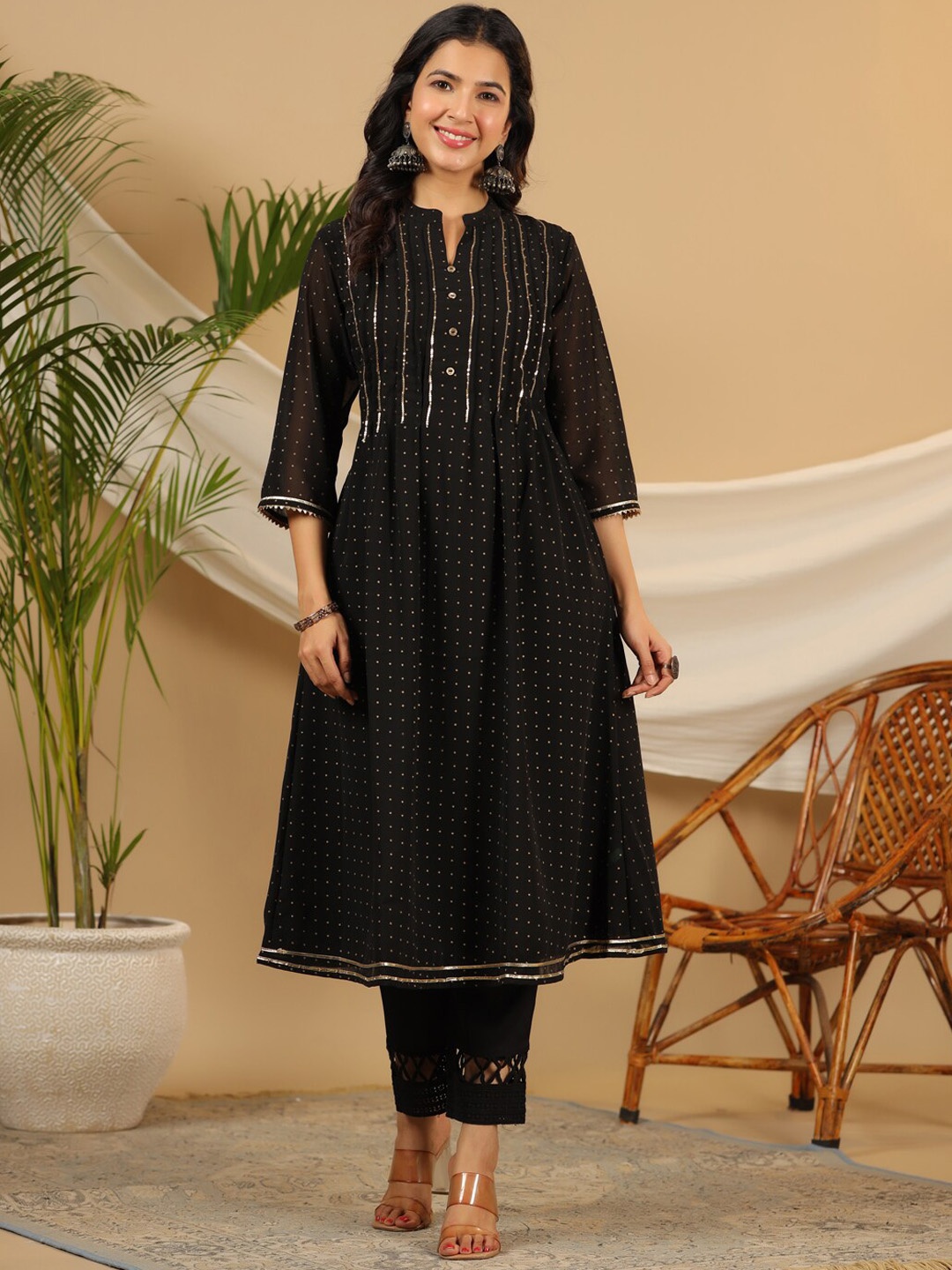 

Juniper Black Printed Pleated Sequinned Kurta with Trousers