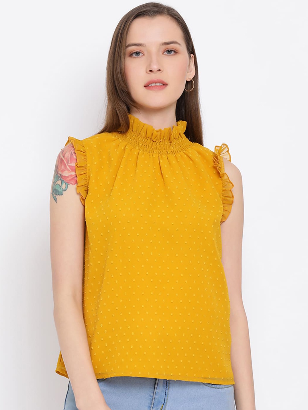 

DRAAX Fashions Self Design High Neck Flutter Sleeves Top, Yellow