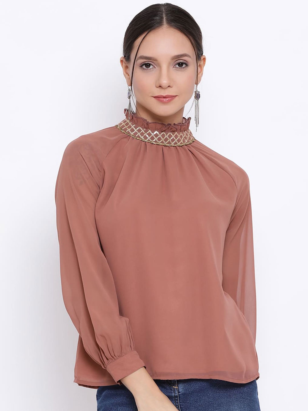 

DRAAX Fashions Embellished High Neck Puff Sleeve Regular Top, Brown