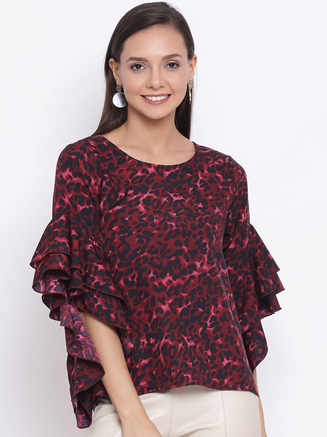 

DRAAX Fashions Abstract Printed Flutter Sleeves Top, Pink