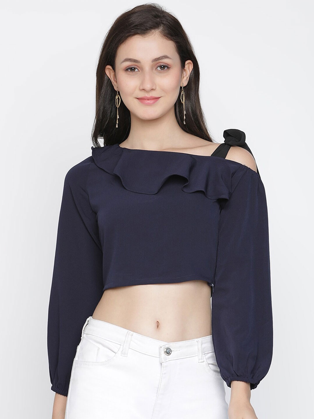 

DRAAX Fashions Asymmetric Neck Puff Sleeves Crop Top, Blue