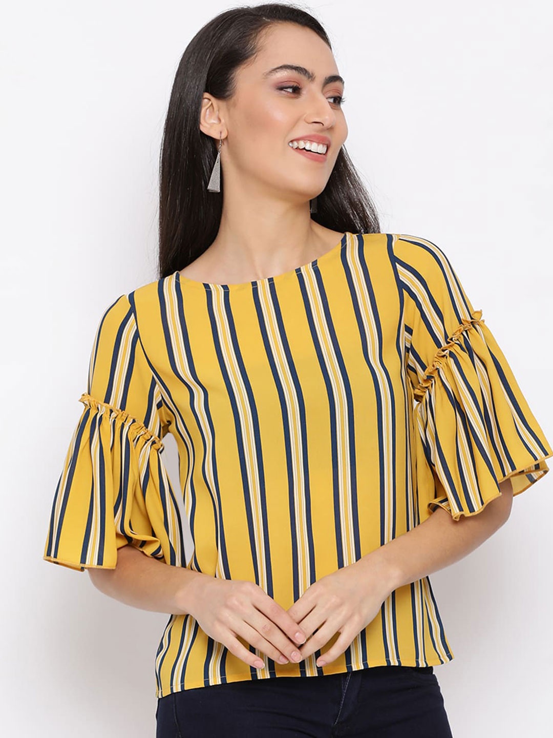 

DRAAX Fashions Vertical Striped Gathered Regular Top, Mustard