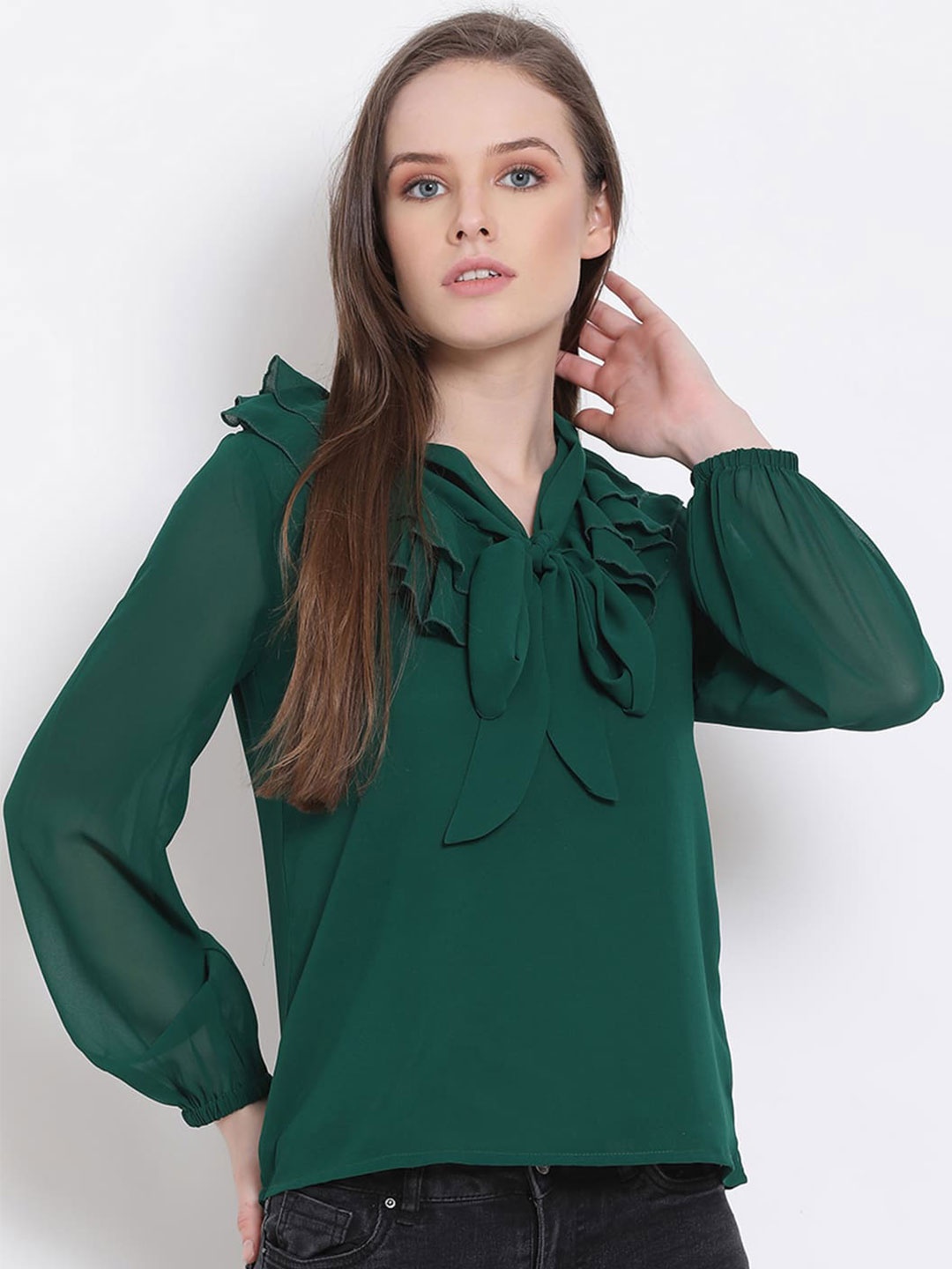 

DRAAX Fashions Tie-Up Neck Ruffled Top, Green