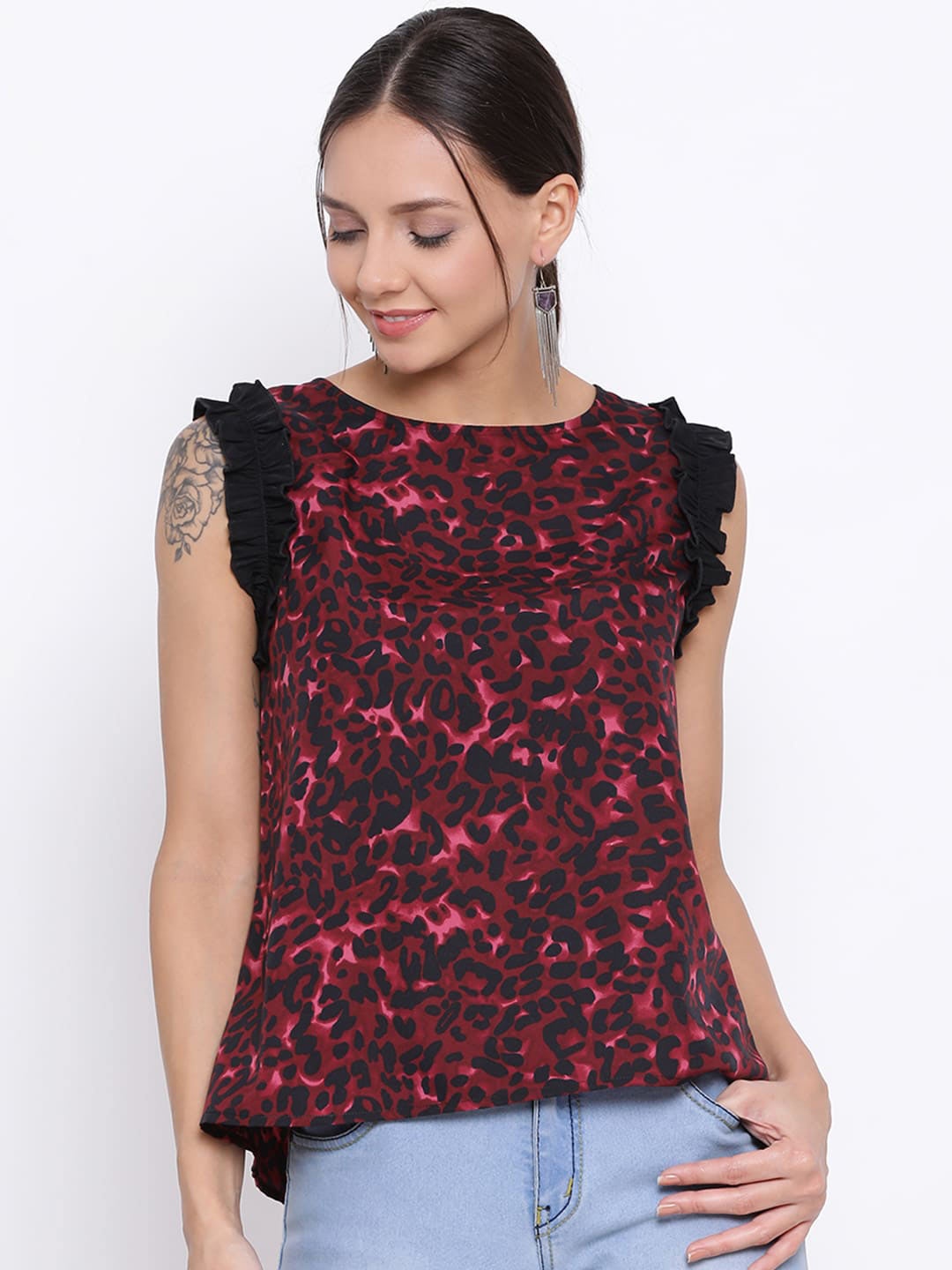 

DRAAX Fashions Animal Printed Ruffled Round Neck Regular Top, Red