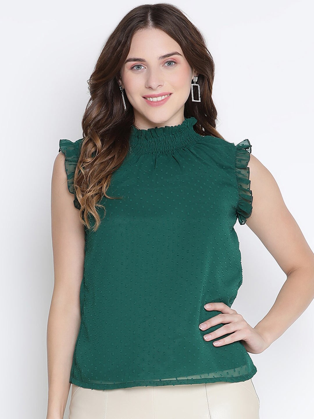 

DRAAX Fashions Self Design Smocked High-Neck Ruched Ruffled Regular Top, Green