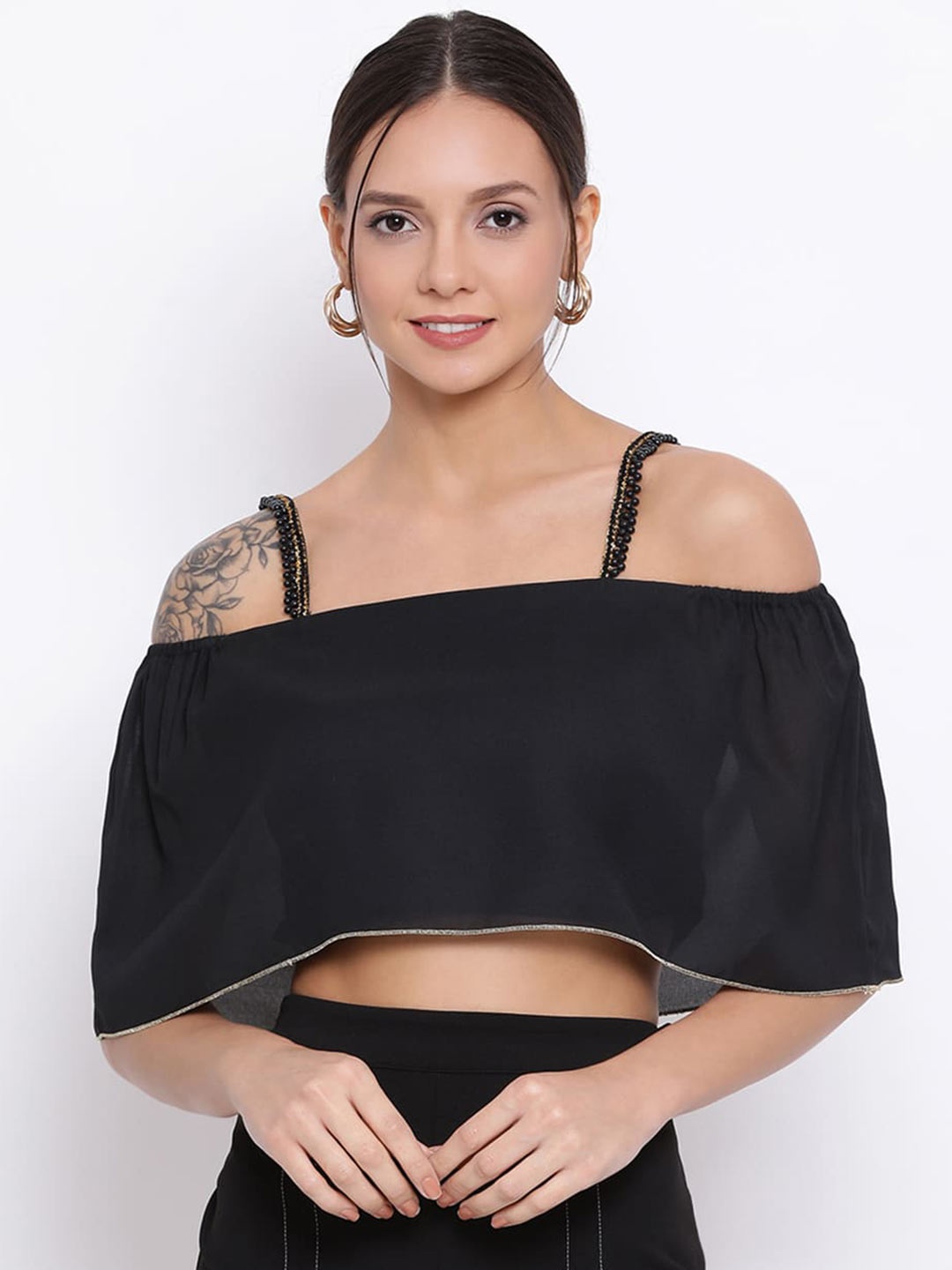 

DRAAX Fashions Shoulder Straps Off-Shoulder Embellished Crop Bardot Top, Black