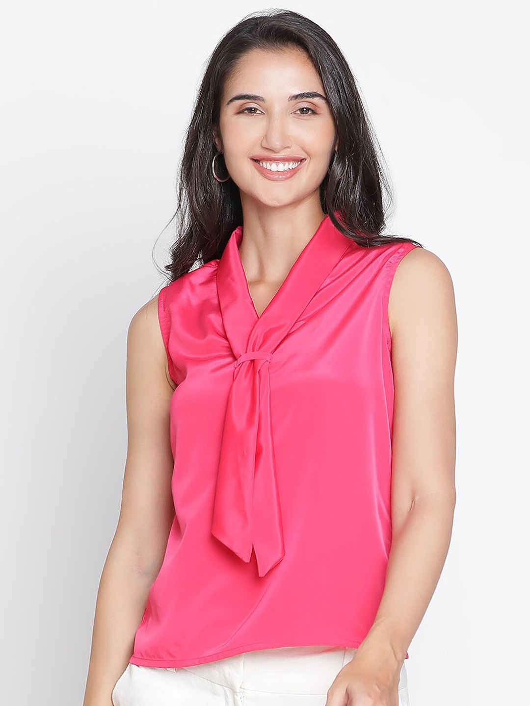 

DRAAX Fashions Tie-Up Neck Front Knot Top, Pink