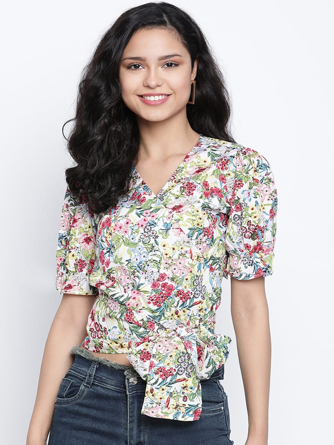 

DRAAX Fashions Floral Printed V-Neck Puff Sleeves Wrap Top, White