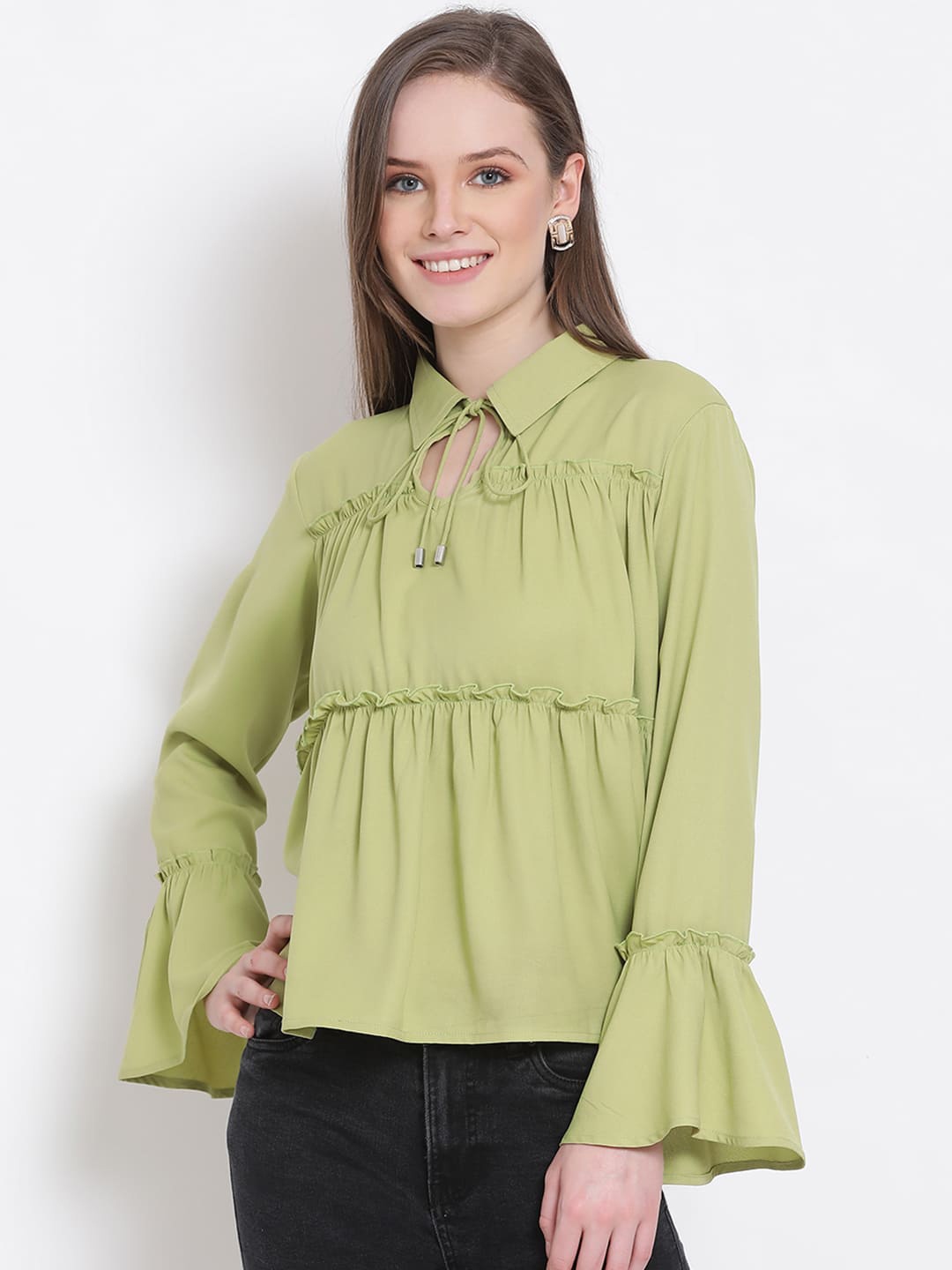 

DRAAX Fashions Tie Up Neck Bell Sleeves Ruffled Top, Green