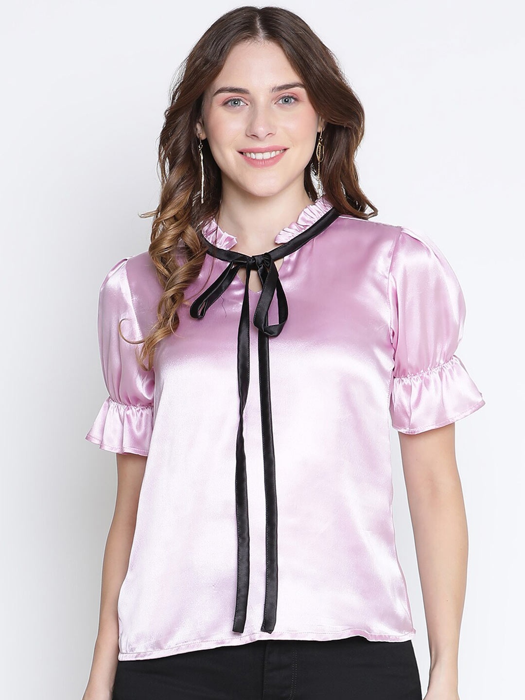 

DRAAX Fashions Tie-Up Neck Puff Sleeve Satin Regular Top, Pink