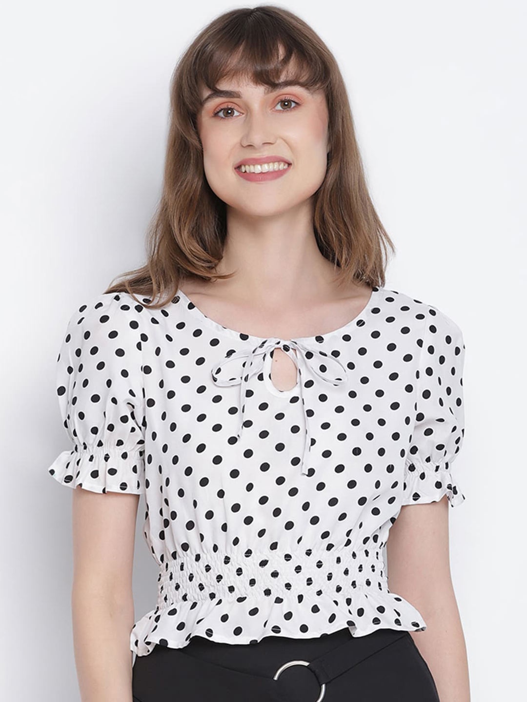 

DRAAX Fashions Polka Dots Tie-Up Neck Puff Sleeve Smocking Top, White