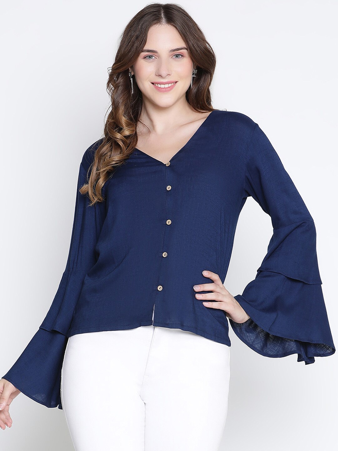 

DRAAX Fashions V-Neck Bell Sleeves Top, Blue