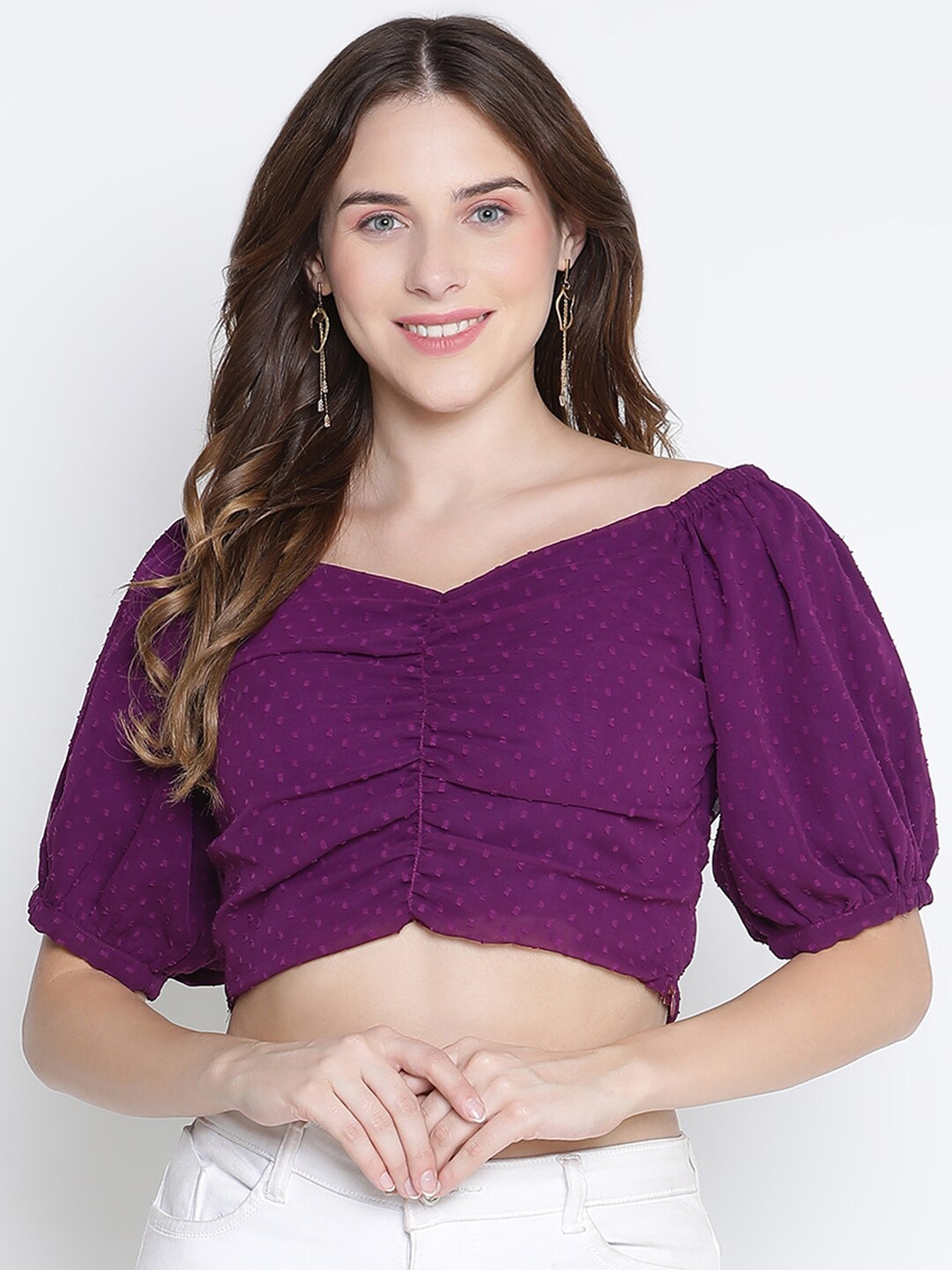 

DRAAX Fashions Geometric Self Design Puff Sleeves Sweetheart Neck Crop Bardot Top, Purple