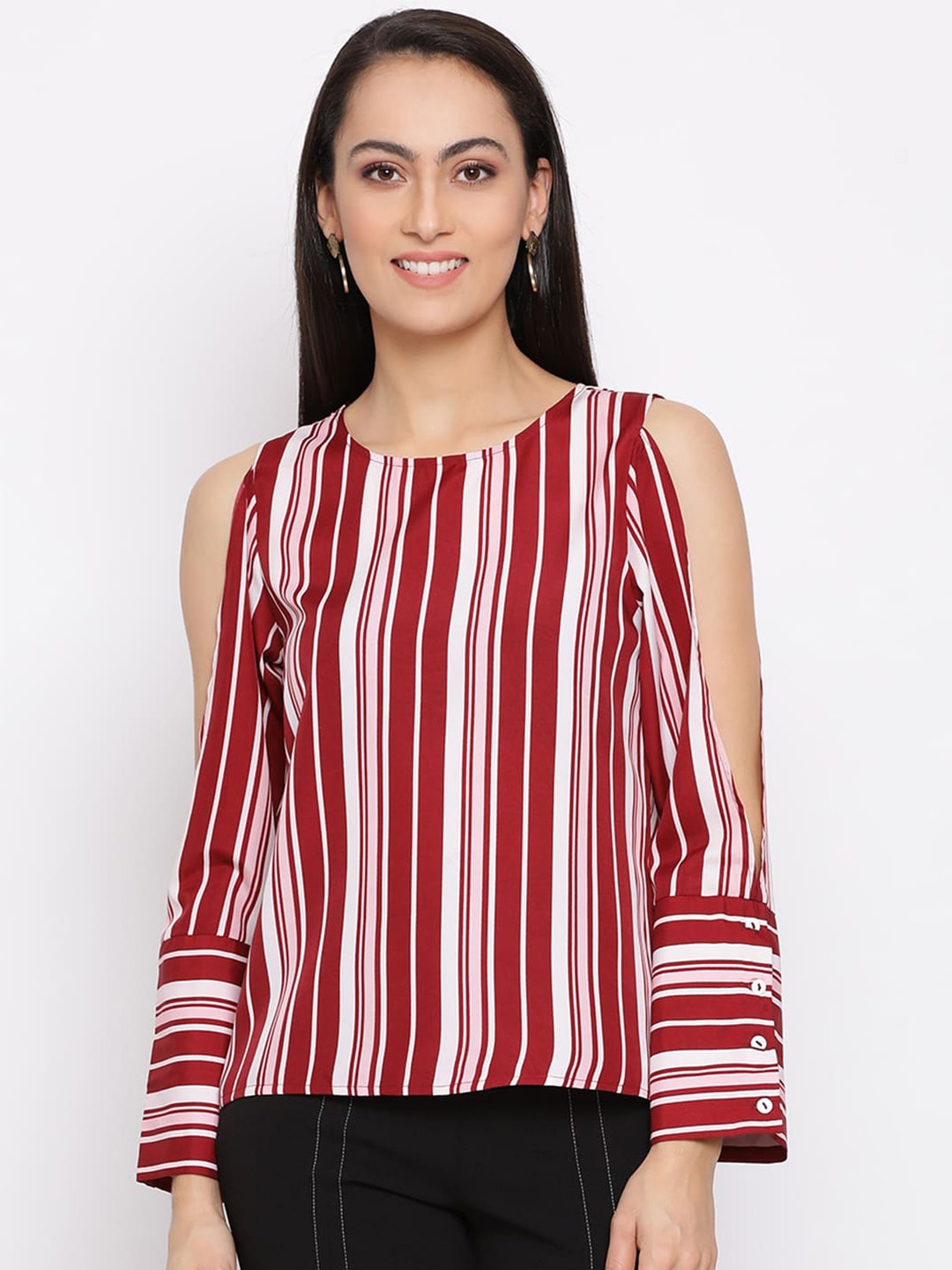 

DRAAX Fashions Vertical Striped Cold-Shoulder Sleeves Top, Maroon