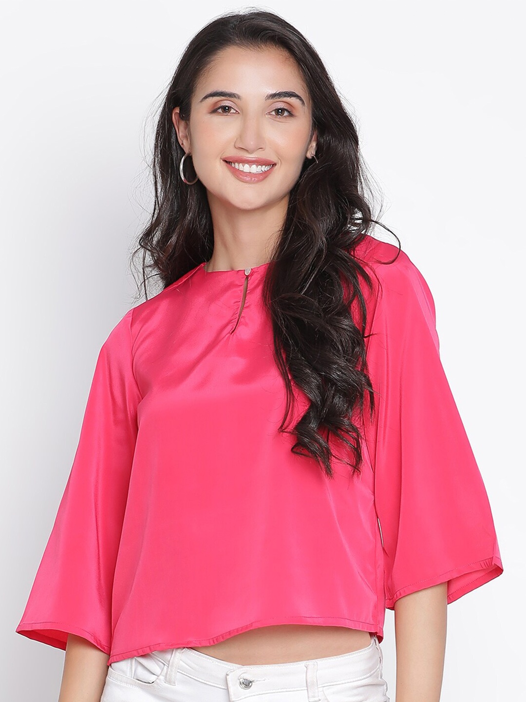 

DRAAX Fashions Keyhole Neck Flared Sleeves Top, Pink