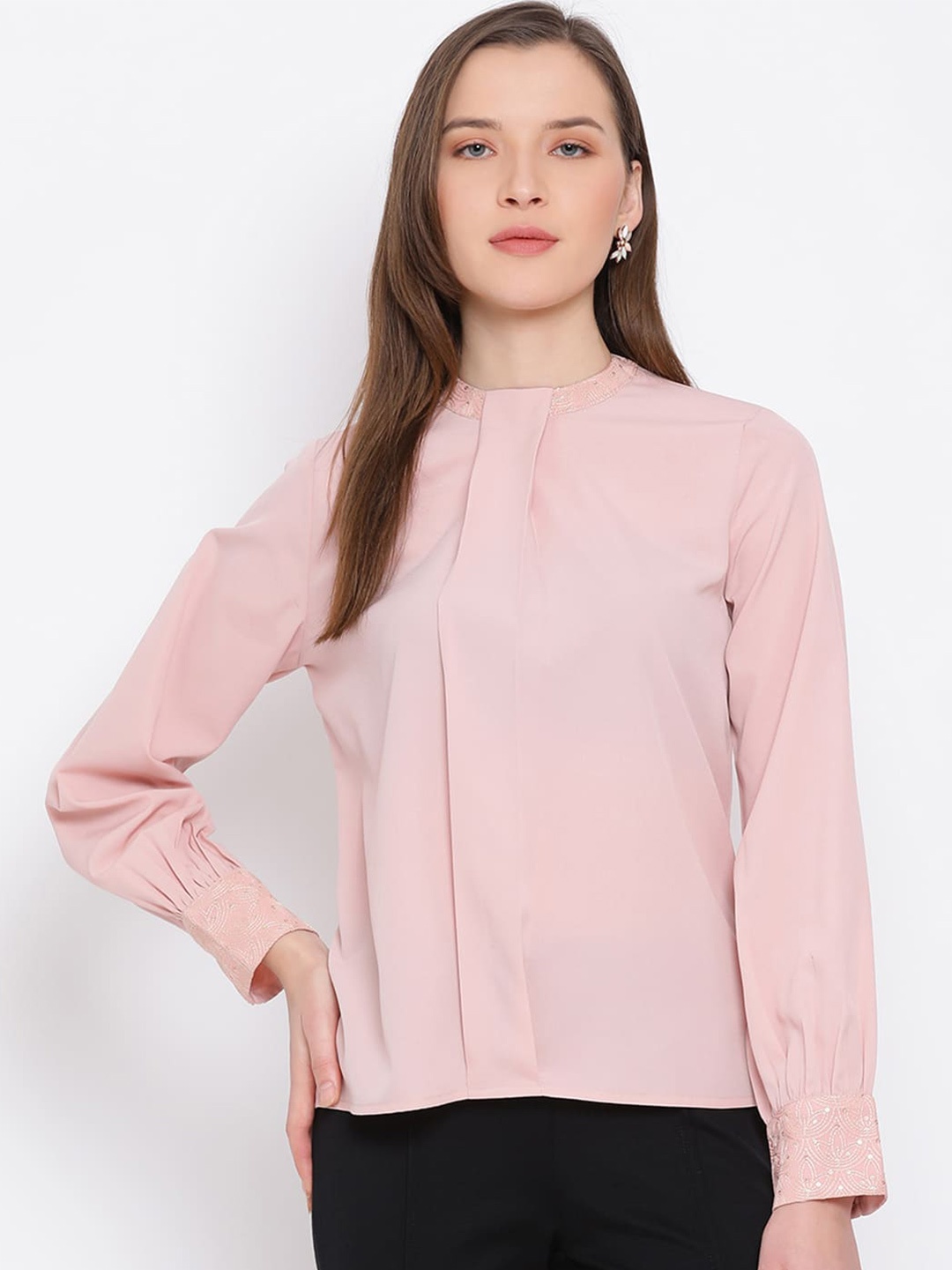 

DRAAX Fashions Pleated Detailed Cuffed Sleeves Regular Top, Pink