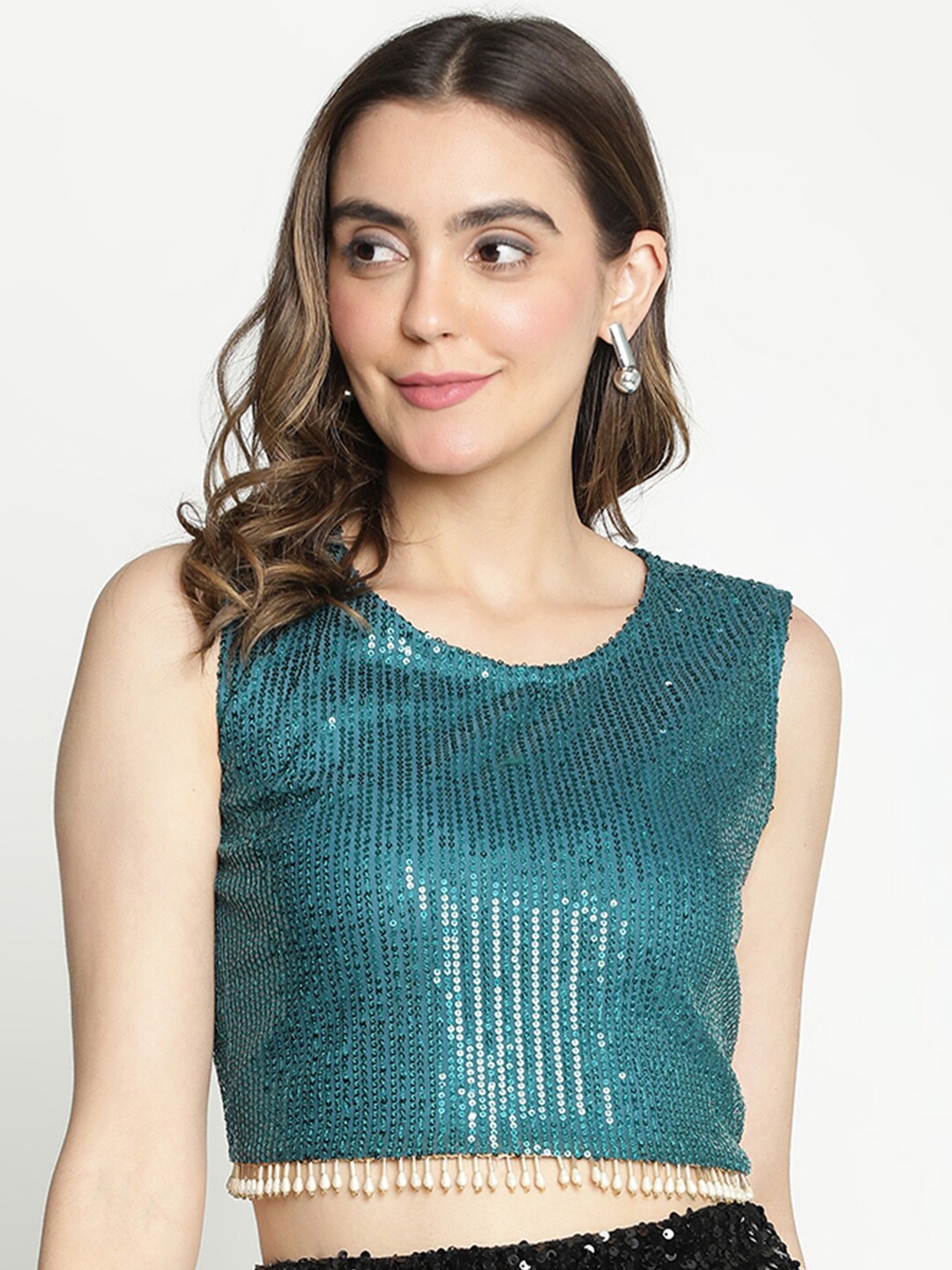 

DRAAX Fashions Embellished Sleeveless Sequined Crop Top, Blue