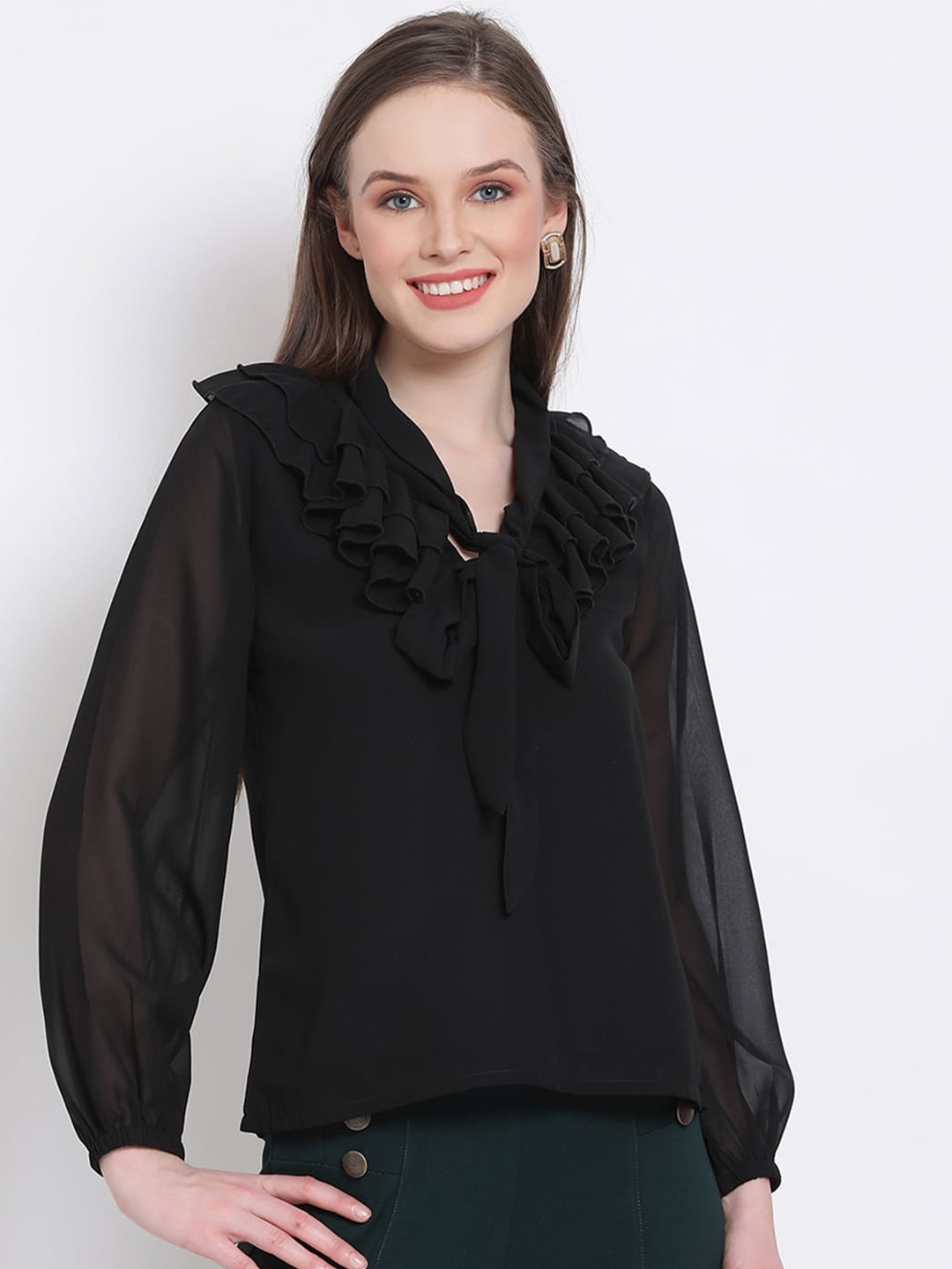 

DRAAX Fashions Ruffled Detailed Tie-Up Neck Regular Top, Black