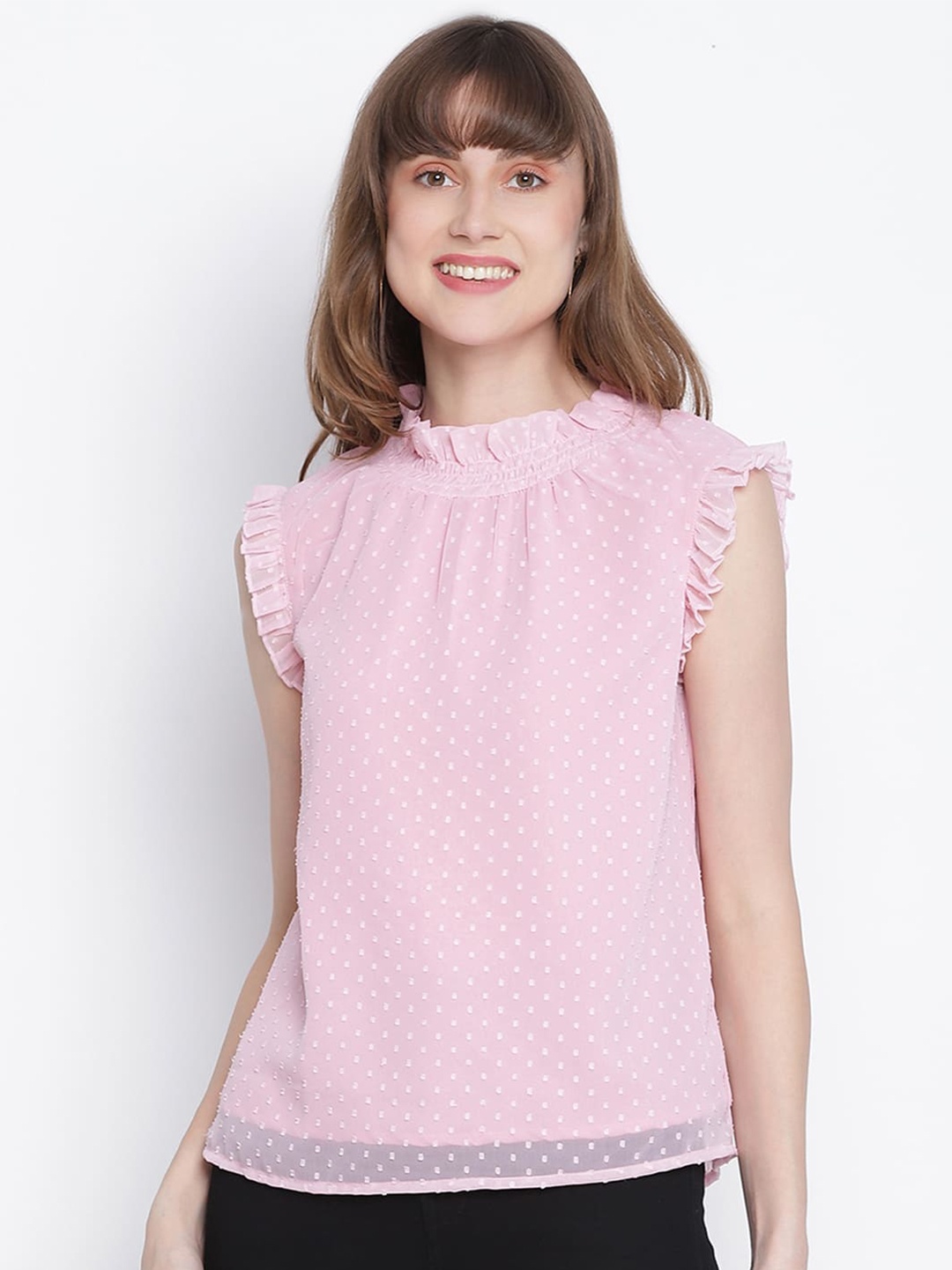 

DRAAX Fashions Self Design High Neck Cap Sleeves Pleated Detail Top, Pink
