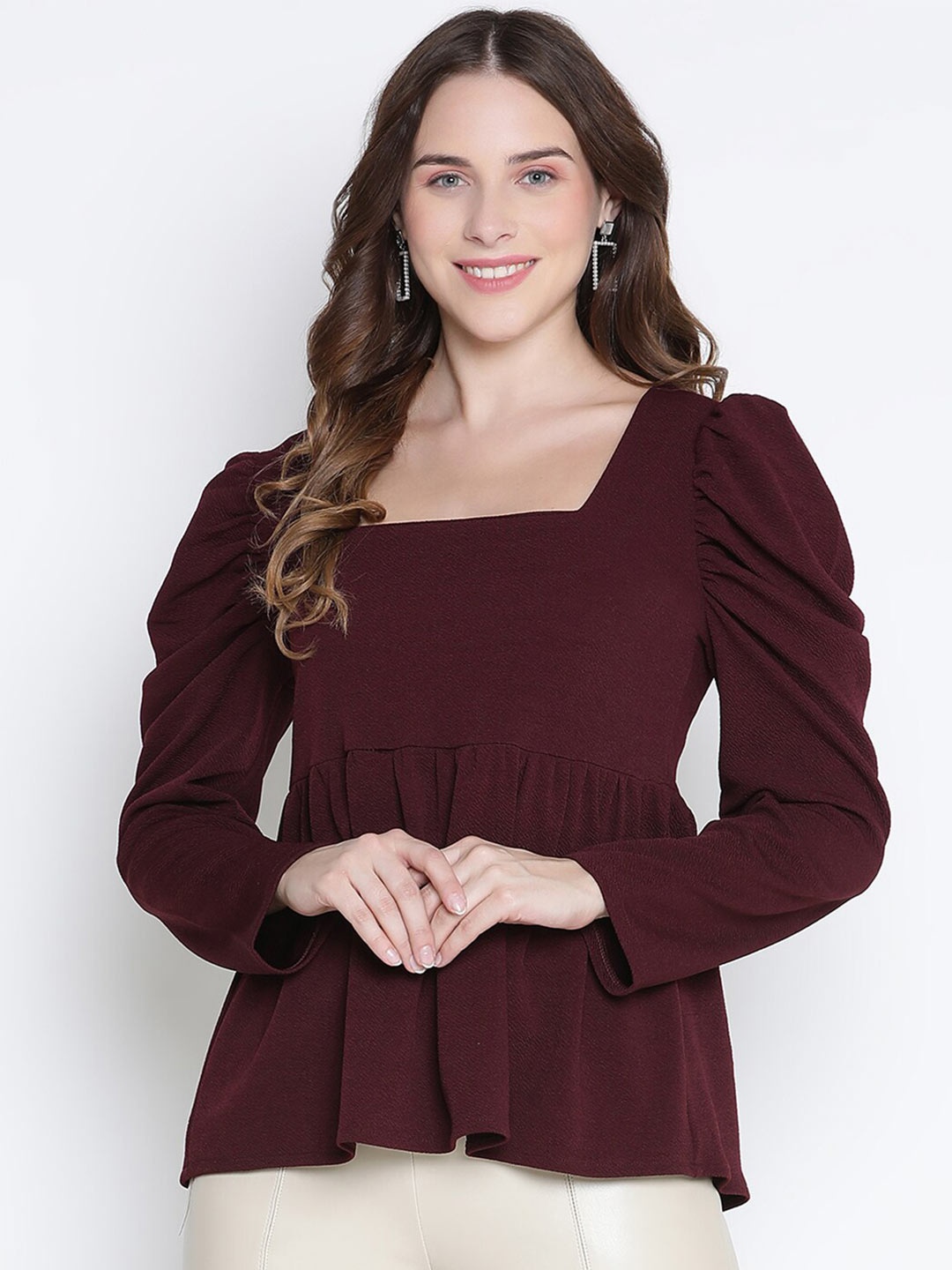 

DRAAX Fashions Square Neck Puff Sleeves Pleated A-Line Top, Brown