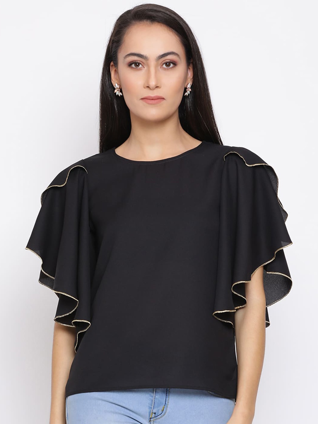 

DRAAX Fashions Flared Sleeves Ruffles Regular Top, Black