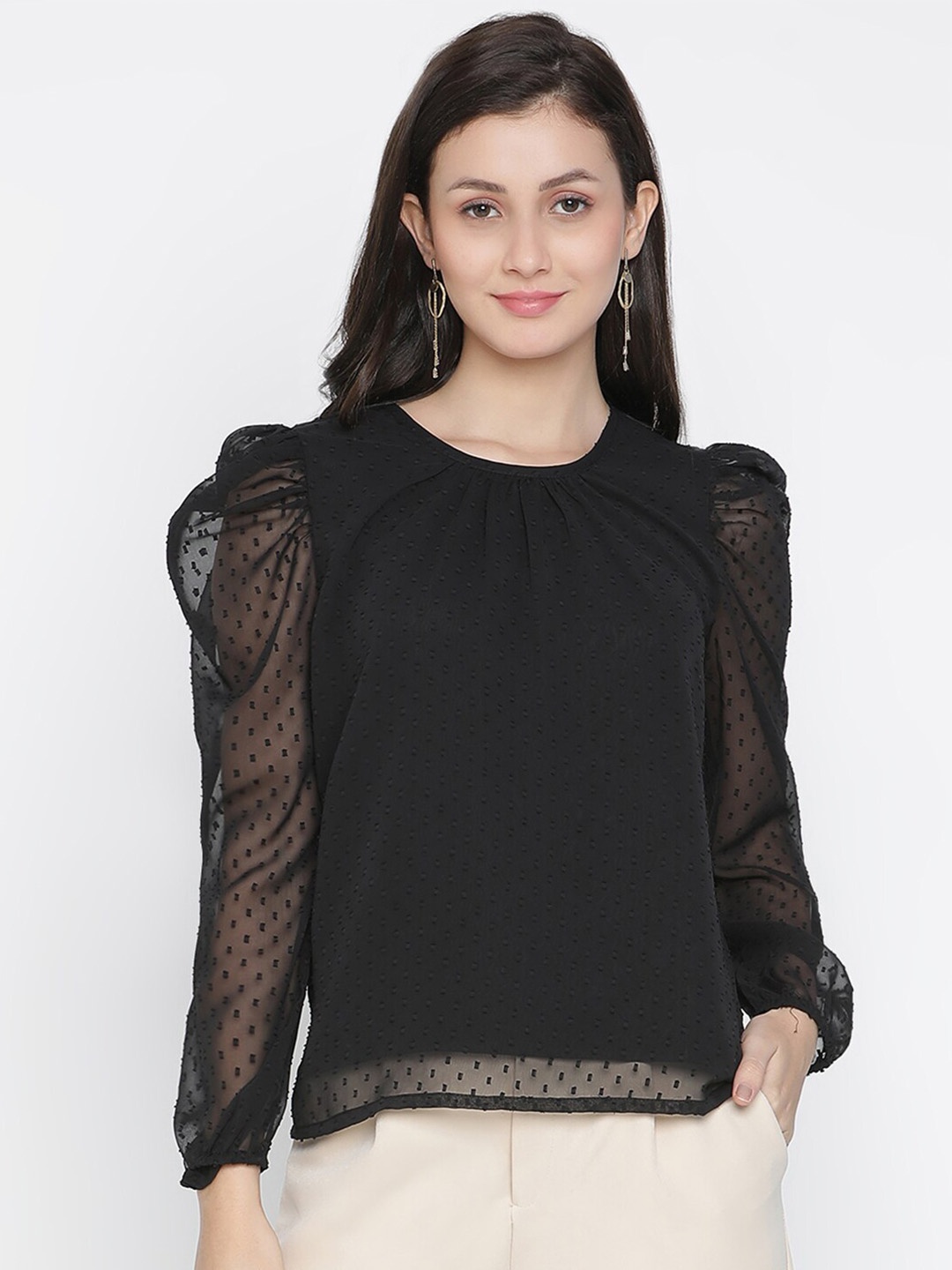 

DRAAX Fashions Self Design Puff Sleeves Top, Black