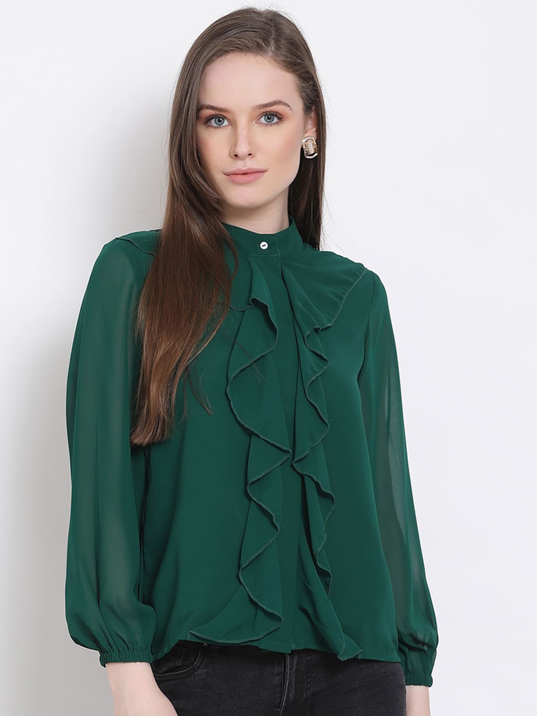 

DRAAX Fashions Ruffled High-Neck Regular Top, Green