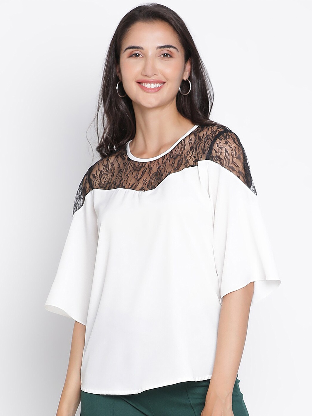 

DRAAX Fashions Self Design Flared Sleeves Regular Top, White