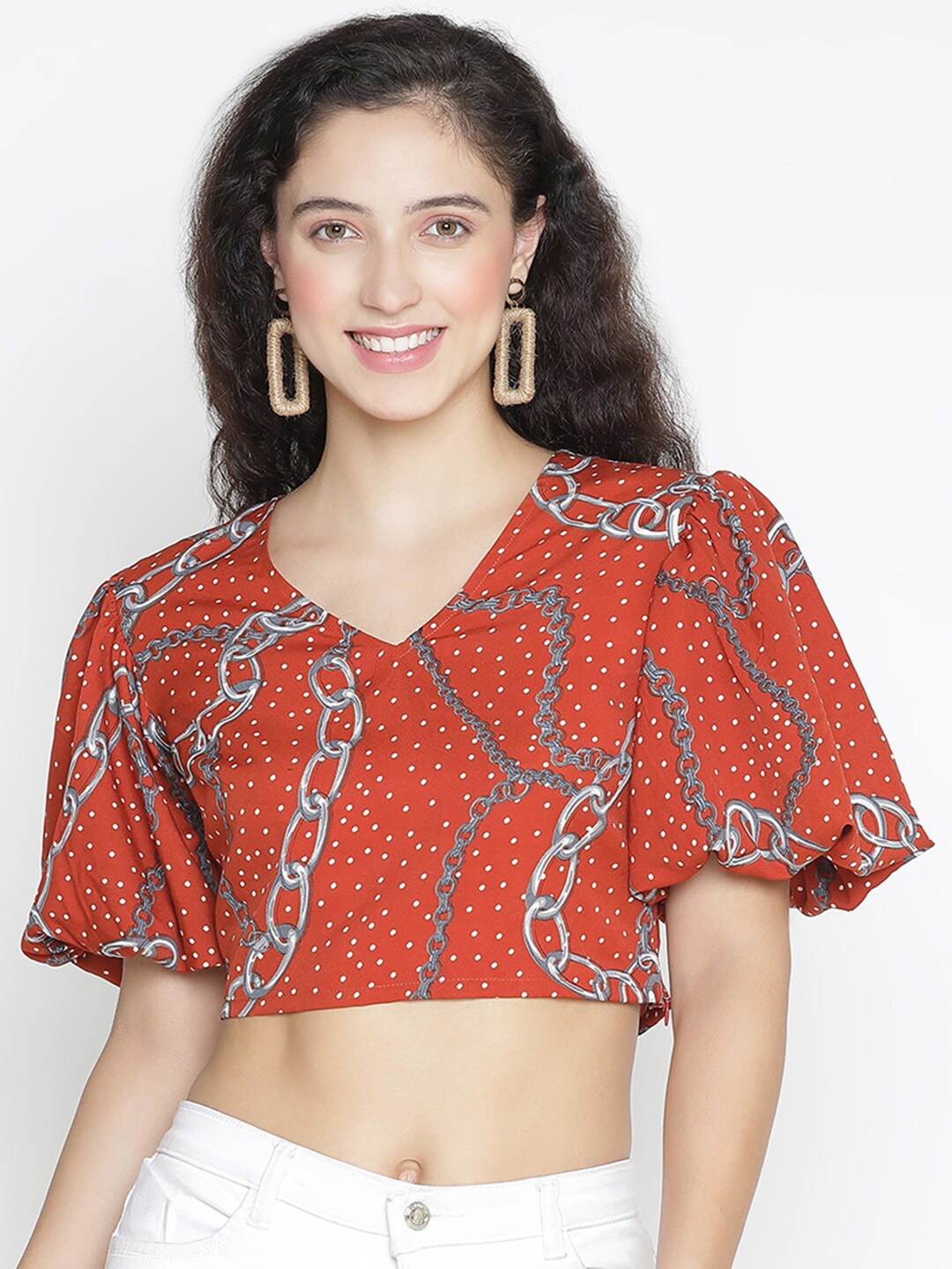 

DRAAX Fashions Geometric Printed V-Neck Flared Sleeves Crop Top, Rust