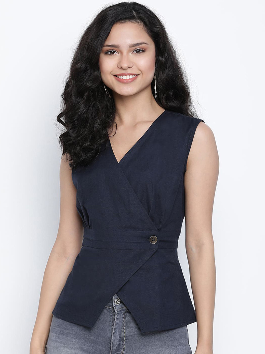 

DRAAX Fashions V-Neck Sleeveless Wrap Top, Blue