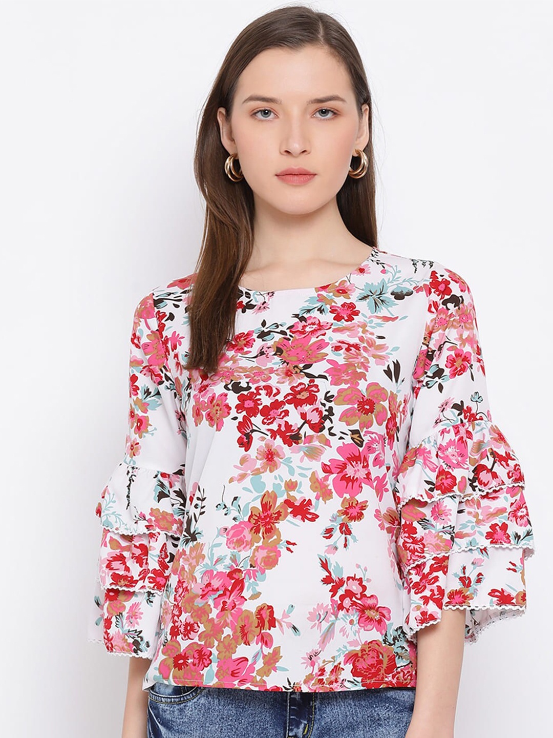 

DRAAX Fashions Floral Printed Bell Sleeves Ruffles Regular Top, White