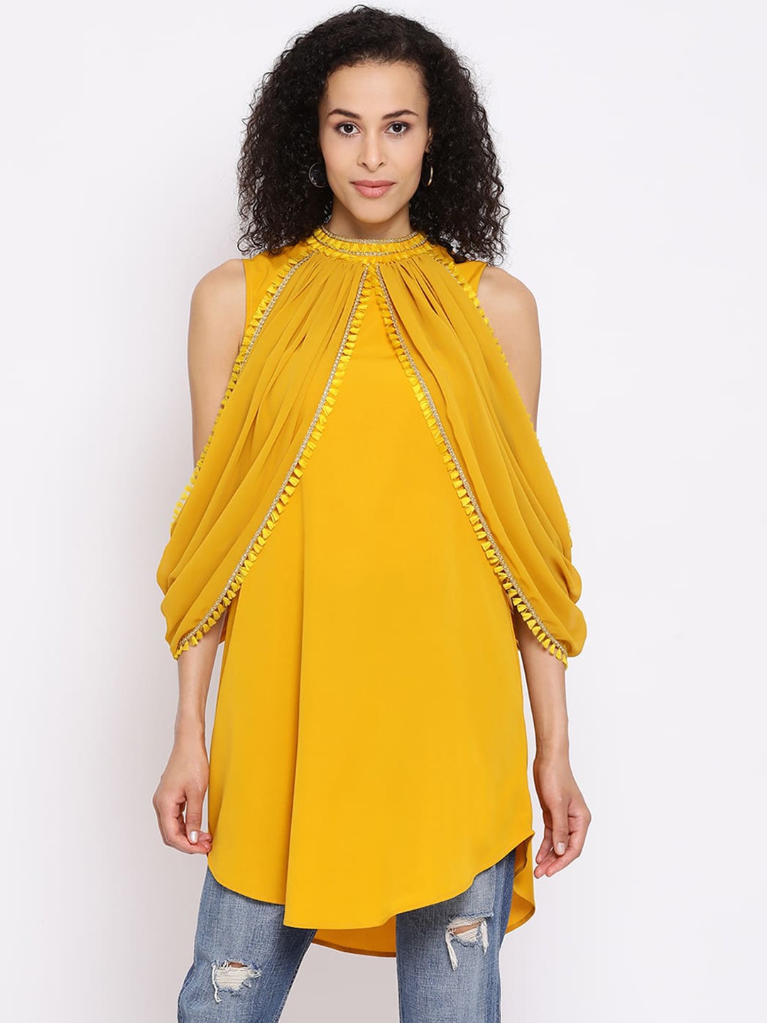 

DRAAX Fashions High Neck Cold-Shoulder Sleeves Tasselled Longline Top, Yellow