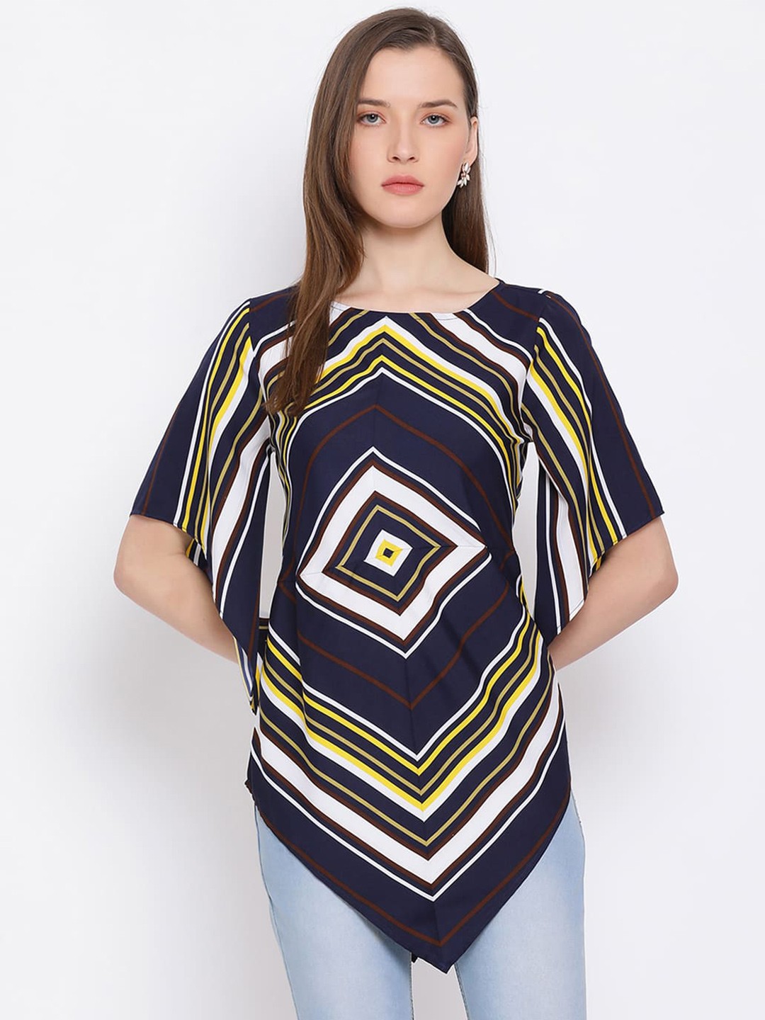 

DRAAX Fashions Geometric Printed Kimono Sleeves Longline Kaftan Top, Navy blue