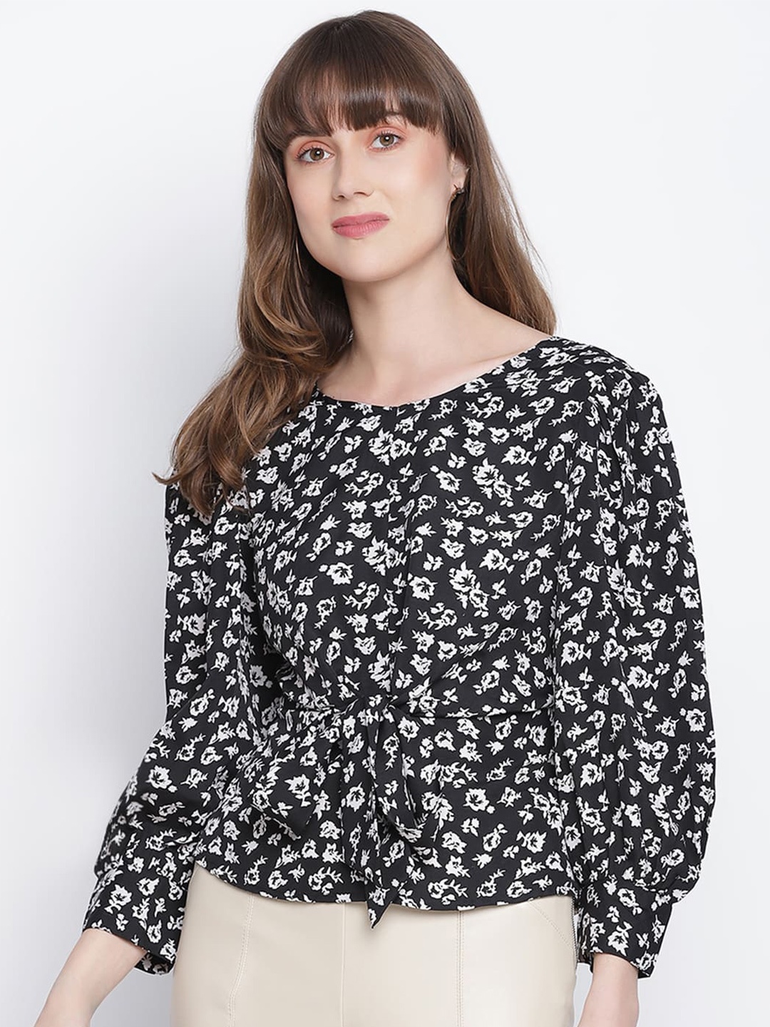 

DRAAX Fashions Floral Printed Puff Sleeves Twisted Top, Black