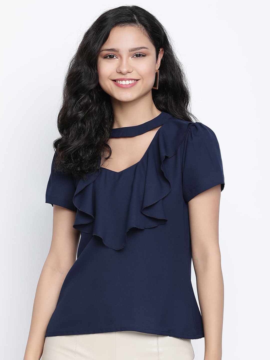 

DRAAX Fashions Square Neck Ruffled Top, Navy blue