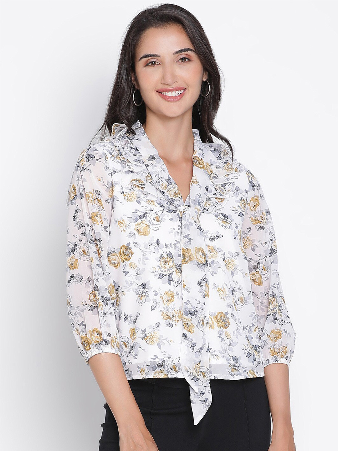 

DRAAX Fashions Floral Printed Shawl Collar Gathered Shirt Style Crop Top, White