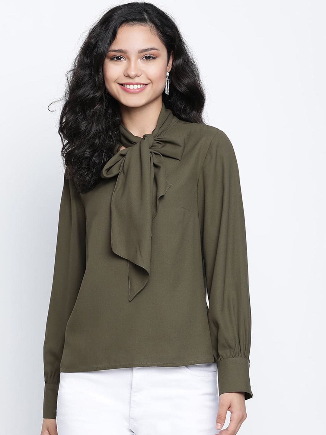 

DRAAX Fashions Tie Up Neck Cuffed Sleeves Top, Green