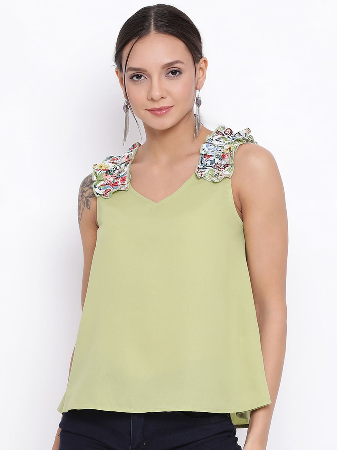 

DRAAX Fashions V-Neck Sleeveless Pleated A-Line Top, Green