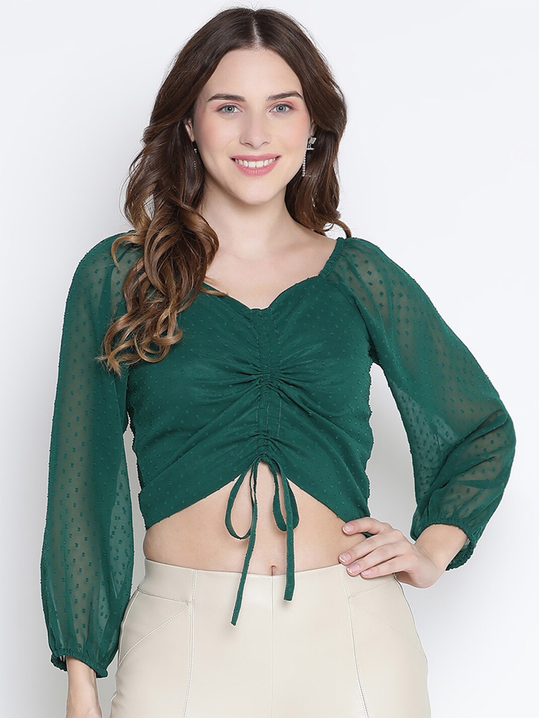 

DRAAX Fashions Self Design Ruched Regular Crop Top, Green