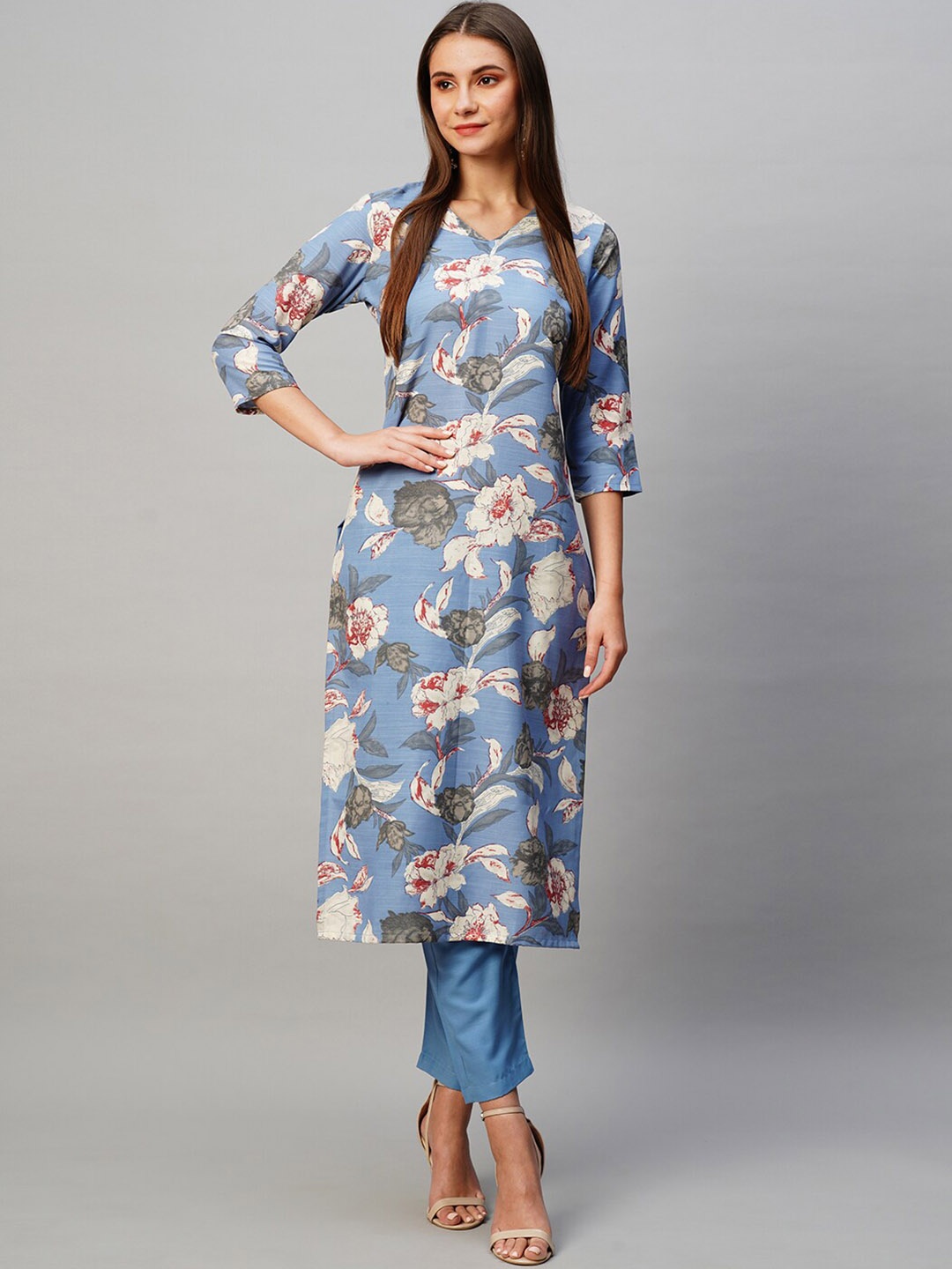 

KALINI Floral Printed V-Neck Straight Kurta With Trousers, Blue