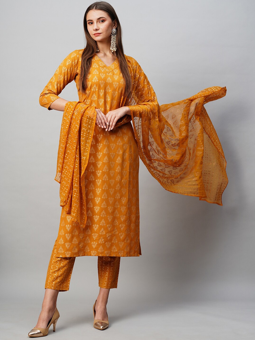 

KALINI Floral Printed V-Neck Straight Kurta With Trousers & Dupatta, Mustard