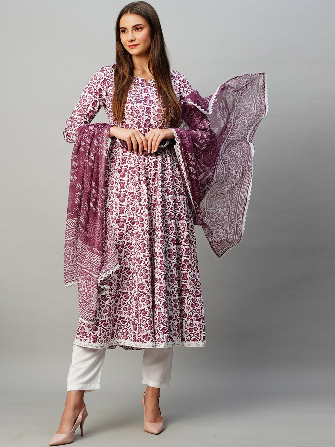 

KALINI Floral Printed Anarkali Kurta & Trousers With Dupatta, Purple