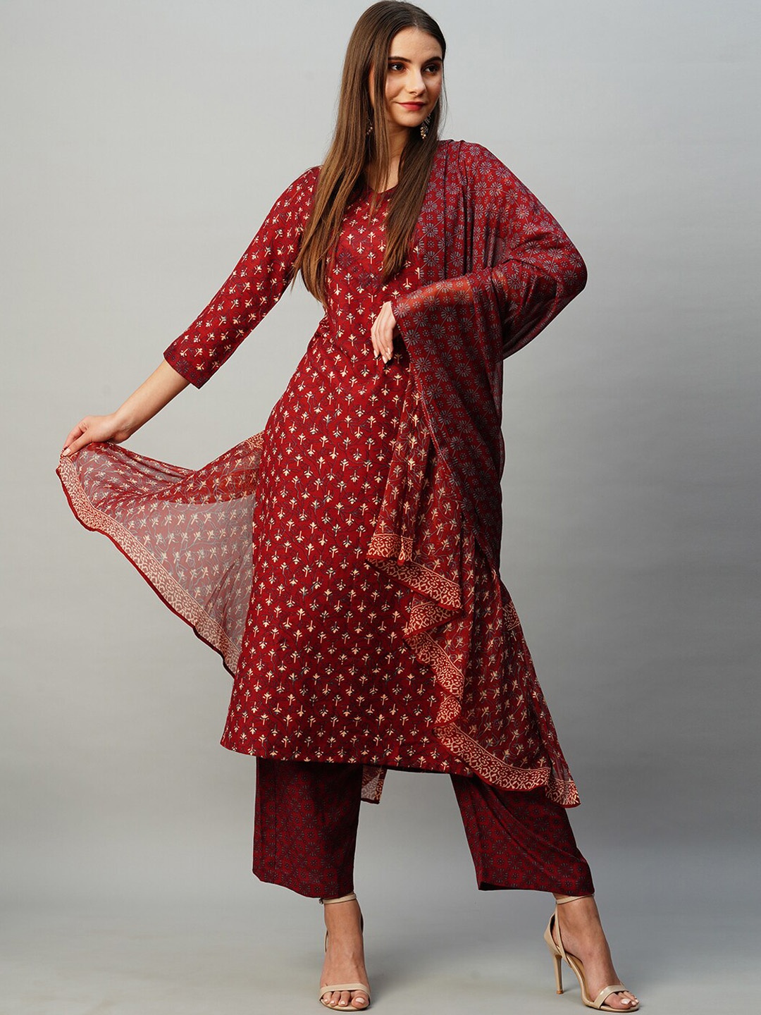 

KALINI Ethnic Motifs Printed V-Neck Straight Kurta with Palazzos & With Dupatta, Maroon